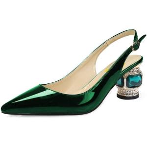 imageFSJ Women Pointed Toe Slingback Wedding Pumps Chunky Low Heel Rhinestone Sandals Crystal Heeled Dress Shoes Size 415 M USGreen Mirror