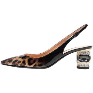 imageFSJ Women Pointed Toe Slingback Wedding Pumps Chunky Low Heel Rhinestone Sandals Crystal Heeled Dress Shoes Size 415 M USLeopard Black