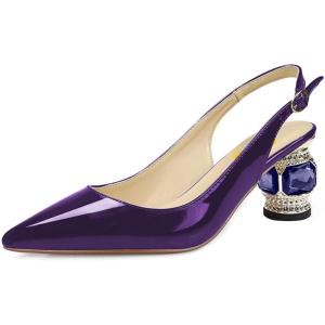 imageFSJ Women Pointed Toe Slingback Wedding Pumps Chunky Low Heel Rhinestone Sandals Crystal Heeled Dress Shoes Size 415 M USPurple Mirror