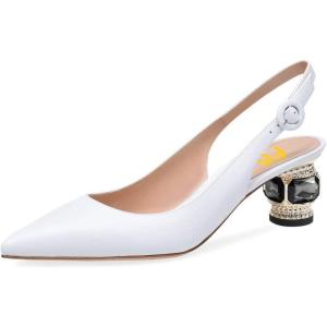 imageFSJ Women Pointed Toe Slingback Wedding Pumps Chunky Low Heel Rhinestone Sandals Crystal Heeled Dress Shoes Size 415 M USWhite Pu