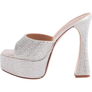 imageFSJ Women Slip On Platform Heeled Sandals Peep Open Toe Chunky Block High Heels Mules Backless Summer Dress Slide Sandals Size 415 USRhinestone