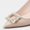 imageFSJ Women Fashion Crystal Square Buckle Closed Pointed Toe Slingback Pumps Rhinestone Block Low Heel Sandals Party Prom Dress Shoes Size 416 USNude