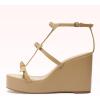 imageFSJ Women High Heels Platform Wedge Heel Sandals Sexy Open Toe Gladiator T Strap Bow Summer Walking Dressy Shoes Size 416 USWheat
