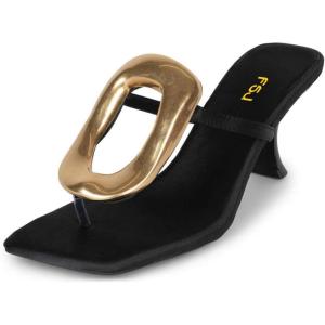 imageFSJ Women Chic Open Toe Kitten Heel Flip Flops Slip On Gold Detail Low Heeled Thong Sandals Casual Summer Beach Fashion Slides Size 416 USBlack