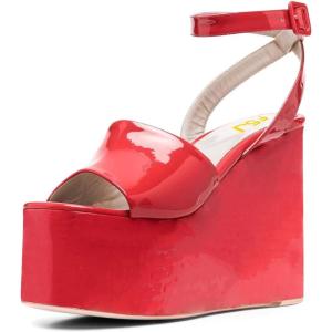 imageFSJ Women Classic Platform Wedge Sandals Open Toe High Heel Ankle Strap Buckle Slingback Party Dress Casual Walking Shoes Size 415 USRed
