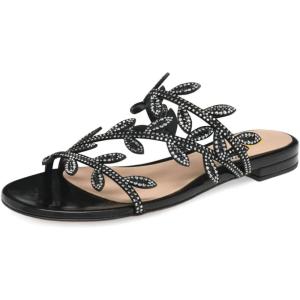 imageFSJ Women Crystal Embellished Evening Sandals Flat Sexy Open Toe Leaves Strappy Summer Event Wedding Shoes Sizes 416 USBlack Rhinestones