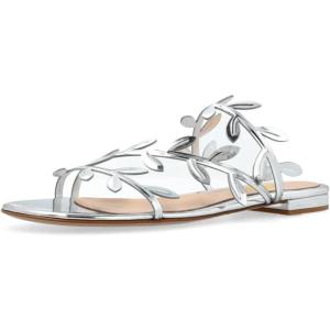 imageFSJ Women Crystal Embellished Evening Sandals Flat Sexy Open Toe Leaves Strappy Summer Event Wedding Shoes Sizes 416 USSilver