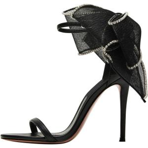 imageFSJ Women Cute Bow Heeled Sandals Open Toe Stiletto Heels One Strap Bridal Wedding Mesh Rhinestone Pearl Bow Knot Dress Shoes Size 416 USBlack