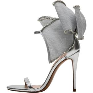 imageFSJ Women Cute Bow Heeled Sandals Open Toe Stiletto Heels One Strap Bridal Wedding Mesh Rhinestone Pearl Bow Knot Dress Shoes Size 416 USGrey