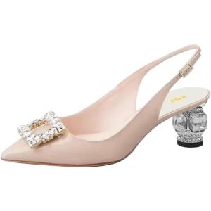 imageFSJ Women Fashion Crystal Square Buckle Closed Pointed Toe Slingback Pumps Rhinestone Block Low Heel Sandals Party Prom Dress Shoes Size 416 USNude