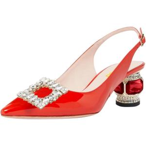 imageFSJ Women Fashion Crystal Square Buckle Closed Pointed Toe Slingback Pumps Rhinestone Block Low Heel Sandals Party Prom Dress Shoes Size 416 USOrangered