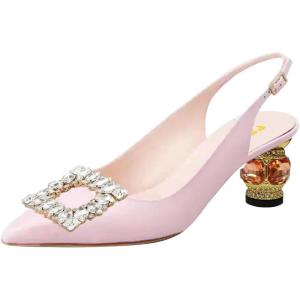 imageFSJ Women Fashion Crystal Square Buckle Closed Pointed Toe Slingback Pumps Rhinestone Block Low Heel Sandals Party Prom Dress Shoes Size 416 USPink