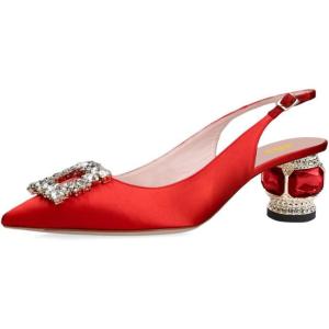 imageFSJ Women Fashion Crystal Square Buckle Closed Pointed Toe Slingback Pumps Rhinestone Block Low Heel Sandals Party Prom Dress Shoes Size 416 USRed Satin