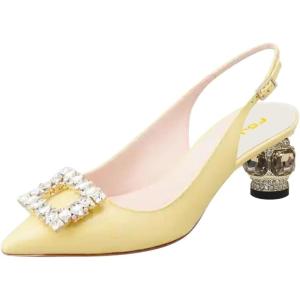 imageFSJ Women Fashion Crystal Square Buckle Closed Pointed Toe Slingback Pumps Rhinestone Block Low Heel Sandals Party Prom Dress Shoes Size 416 USYellow