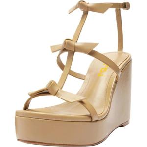 imageFSJ Women High Heels Platform Wedge Heel Sandals Sexy Open Toe Gladiator T Strap Bow Summer Walking Dressy Shoes Size 416 USWheat