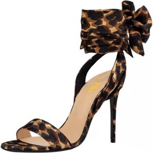 imageFSJ Women Open Toe Stiletto High Heel Sandals Laceup Cute Satin Bowknot Heeled Sandals Sexy Strappy Summer Wedding Party Dress Shoes Size 416 USLeopard Print