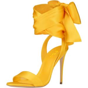 imageFSJ Women Open Toe Stiletto High Heel Sandals Laceup Cute Satin Bowknot Heeled Sandals Sexy Strappy Summer Wedding Party Dress Shoes Size 416 USYellow