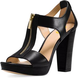 imageFSJ Women Peep Open Toe TStrap Front Zipper Chunky Stacked High Heel Sandal Booties Platform Pumps Shoes Size 415 USBlack