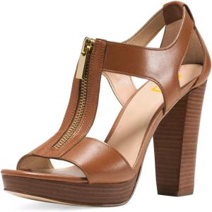 imageFSJ Women Peep Open Toe TStrap Front Zipper Chunky Stacked High Heel Sandal Booties Platform Pumps Shoes Size 415 USBrown