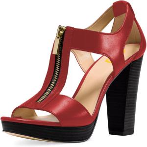 imageFSJ Women Peep Open Toe TStrap Front Zipper Chunky Stacked High Heel Sandal Booties Platform Pumps Shoes Size 415 USRed