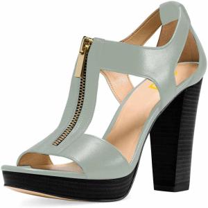 imageFSJ Women Peep Open Toe TStrap Front Zipper Chunky Stacked High Heel Sandal Booties Platform Pumps Shoes Size 415 USSagegreen