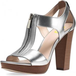 imageFSJ Women Peep Open Toe TStrap Front Zipper Chunky Stacked High Heel Sandal Booties Platform Pumps Shoes Size 415 USSilver