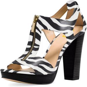 imageFSJ Women Peep Open Toe TStrap Front Zipper Chunky Stacked High Heel Sandal Booties Platform Pumps Shoes Size 415 USStripes