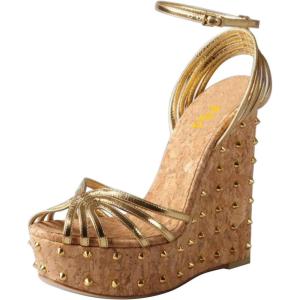 imageFSJ Women Rivet Studded Wedges Sandals Platform Cork High Heel Peep Toe Ankle Strap Buckle Sexy Strappy Party Shoes Size 416 USGold
