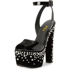 imageFSJ Women Super High Block Chunky Platform Heel Peep Toe Ankle Strap Sandals Sexy Slingback Buckle Prom Pump Shoes Size 416 USBlack Rhinestones