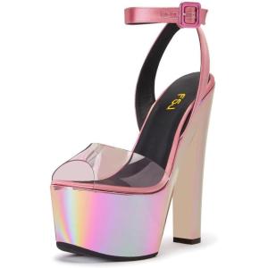 imageFSJ Women Super High Block Chunky Platform Heel Peep Toe Ankle Strap Sandals Sexy Slingback Buckle Prom Pump Shoes Size 416 USPink Clear Laser