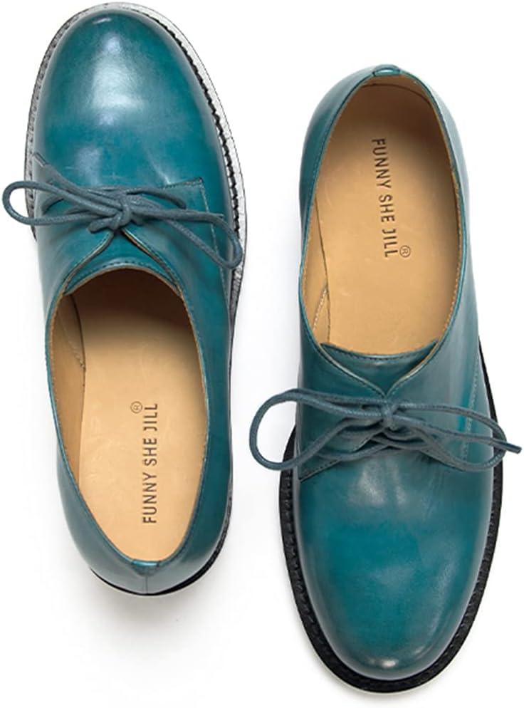 imageFSJ Women Leather Classic Lace up Flat Oxford Low Heel Round Toe Casual Dress Pump Shoes Size 412 USBlue