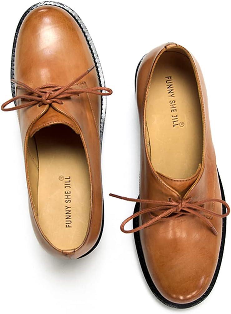 imageFSJ Women Leather Classic Lace up Flat Oxford Low Heel Round Toe Casual Dress Pump Shoes Size 412 USBrown
