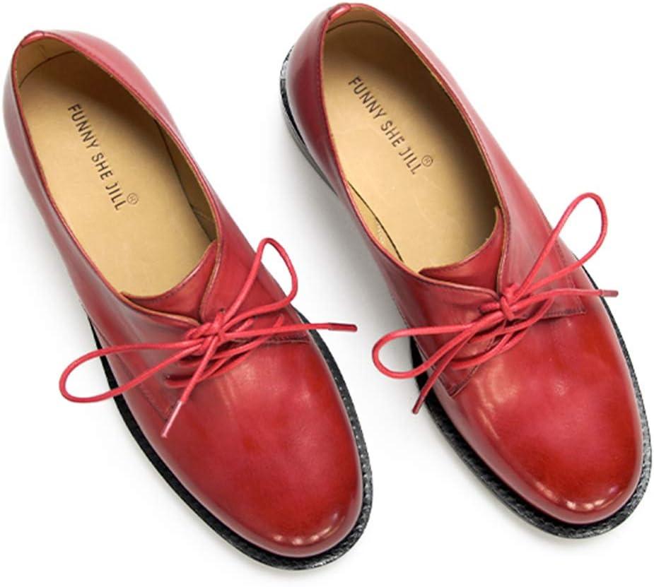 imageFSJ Women Leather Classic Lace up Flat Oxford Low Heel Round Toe Casual Dress Pump Shoes Size 412 USRed