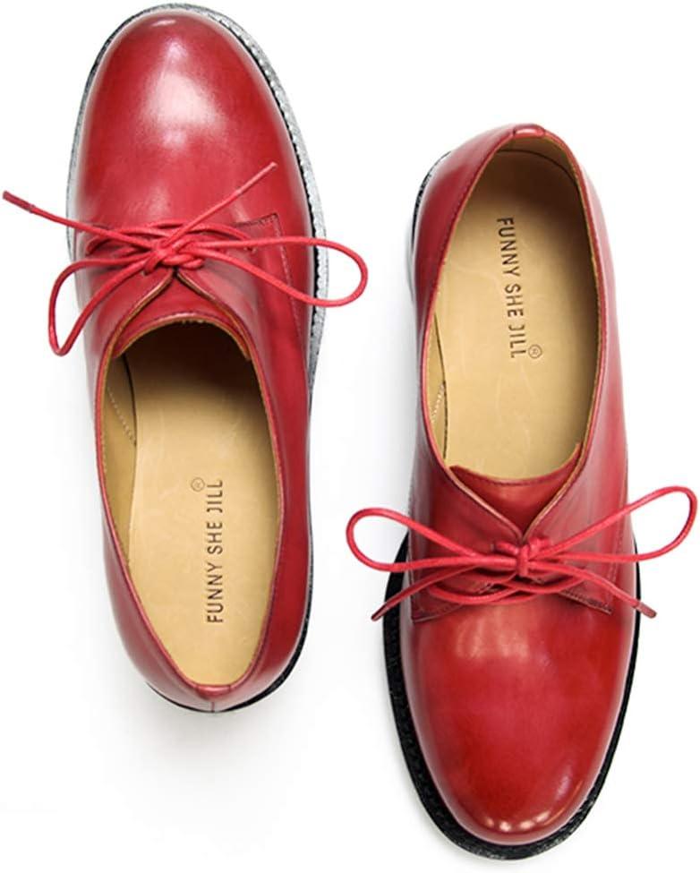 imageFSJ Women Leather Classic Lace up Flat Oxford Low Heel Round Toe Casual Dress Pump Shoes Size 412 USRed