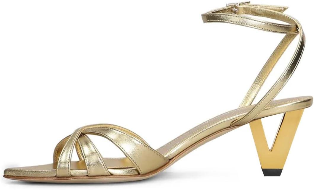 imageFSJ Women Pointed Open Toe Ankle Strap Sandals Strappy Low Heel Summer Party Wedding Dress Shoes Size 416 USGold