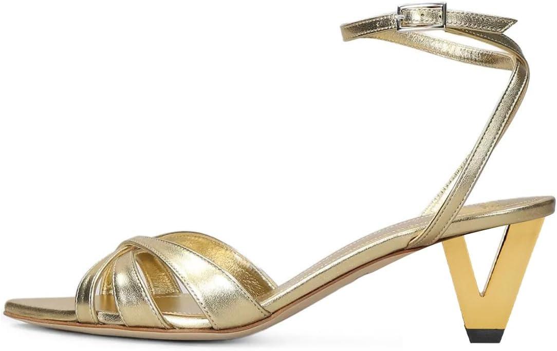 imageFSJ Women Pointed Open Toe Ankle Strap Sandals Strappy Low Heel Summer Party Wedding Dress Shoes Size 416 USGold