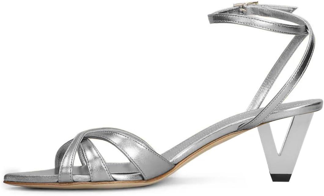 imageFSJ Women Pointed Open Toe Ankle Strap Sandals Strappy Low Heel Summer Party Wedding Dress Shoes Size 416 USSilver