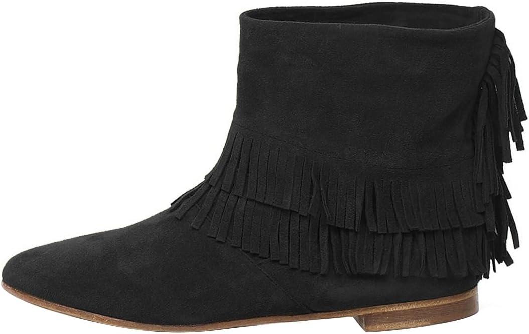 imageFSJ Women Retro Fringe Flat Booties Western Cowgirl Low Heel Ankle Boots with Tassel Suede Pull On Cowboy Dress Shoes Size 416 USBlack