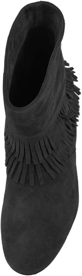imageFSJ Women Retro Fringe Flat Booties Western Cowgirl Low Heel Ankle Boots with Tassel Suede Pull On Cowboy Dress Shoes Size 416 USBlack