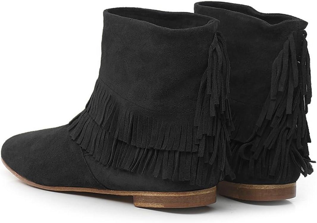 imageFSJ Women Retro Fringe Flat Booties Western Cowgirl Low Heel Ankle Boots with Tassel Suede Pull On Cowboy Dress Shoes Size 416 USBlack