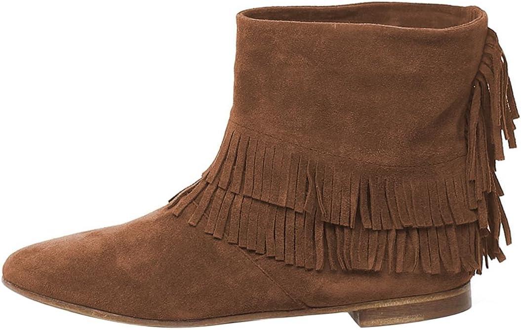 imageFSJ Women Retro Fringe Flat Booties Western Cowgirl Low Heel Ankle Boots with Tassel Suede Pull On Cowboy Dress Shoes Size 416 USBrown