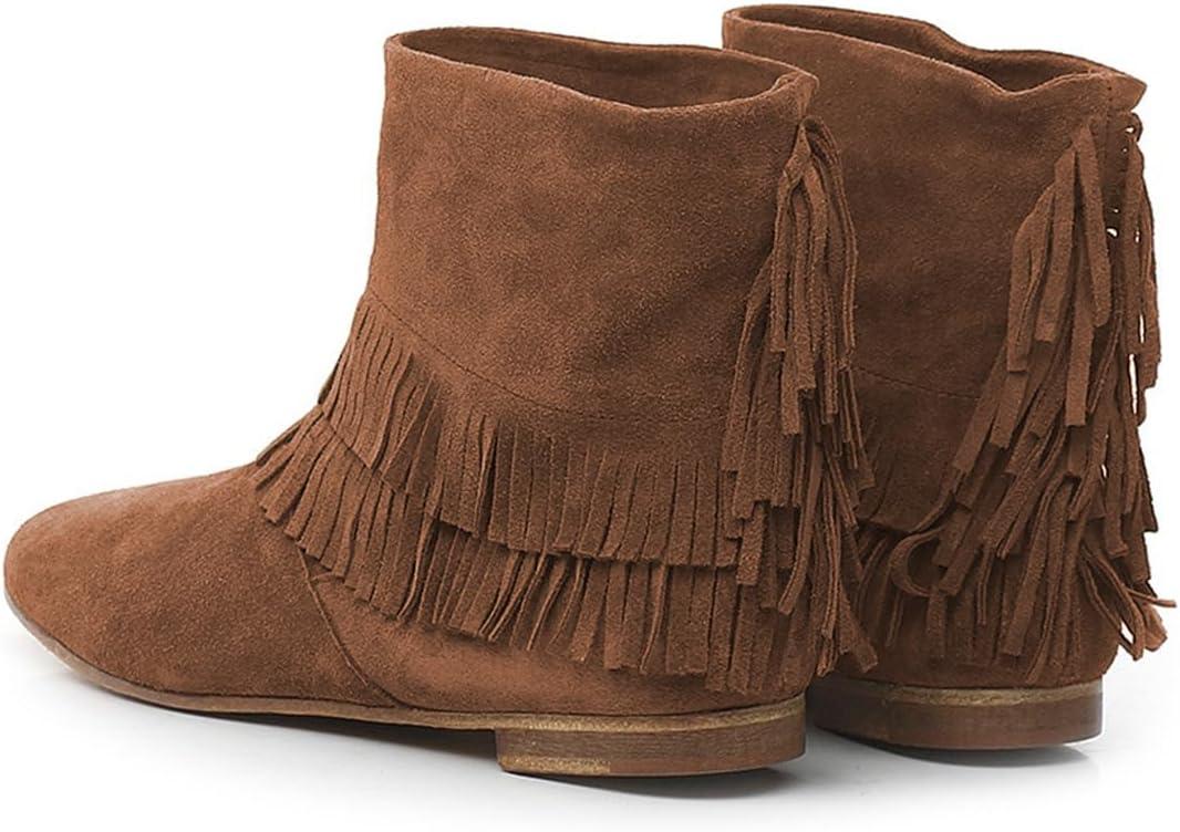 imageFSJ Women Retro Fringe Flat Booties Western Cowgirl Low Heel Ankle Boots with Tassel Suede Pull On Cowboy Dress Shoes Size 416 USBrown