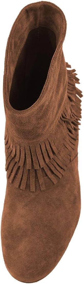 imageFSJ Women Retro Fringe Flat Booties Western Cowgirl Low Heel Ankle Boots with Tassel Suede Pull On Cowboy Dress Shoes Size 416 USBrown