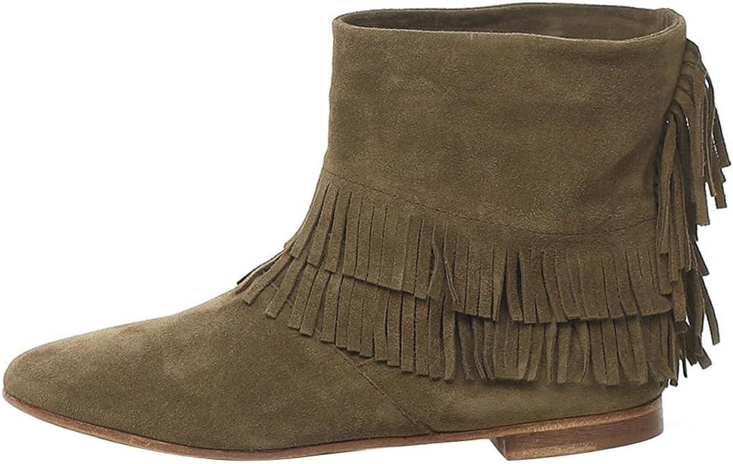 imageFSJ Women Retro Fringe Flat Booties Western Cowgirl Low Heel Ankle Boots with Tassel Suede Pull On Cowboy Dress Shoes Size 416 USOlive Green
