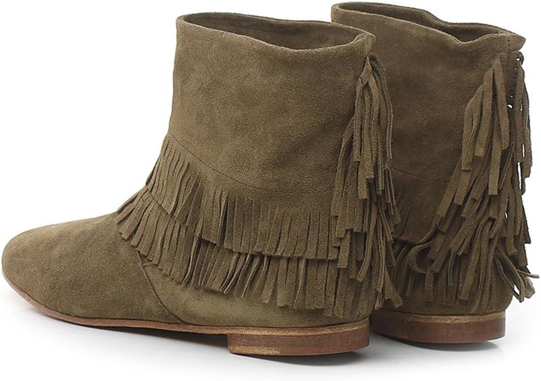 imageFSJ Women Retro Fringe Flat Booties Western Cowgirl Low Heel Ankle Boots with Tassel Suede Pull On Cowboy Dress Shoes Size 416 USOlive Green