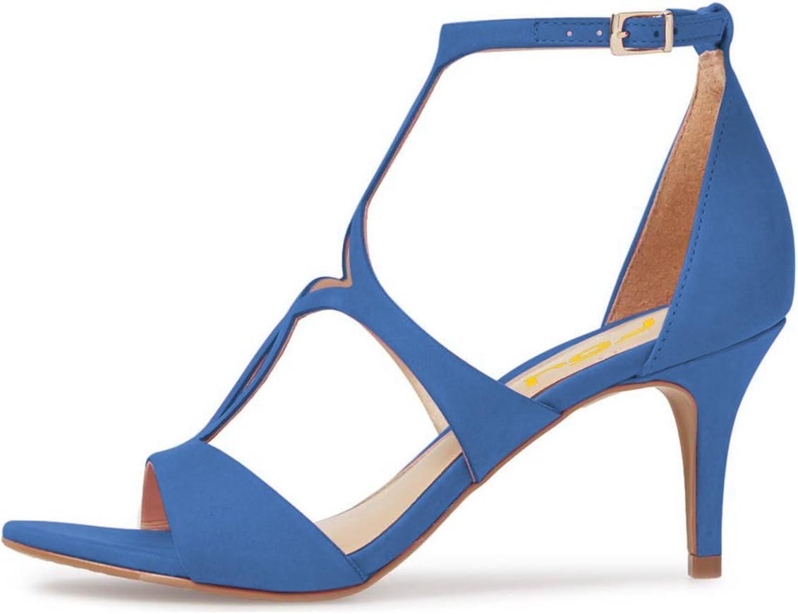 imageFSJ Women Strappy Ankle Strap Sandals Open Toe High Heel Caged Cutout TStrap Fashion Shoes Size 415 USBlue