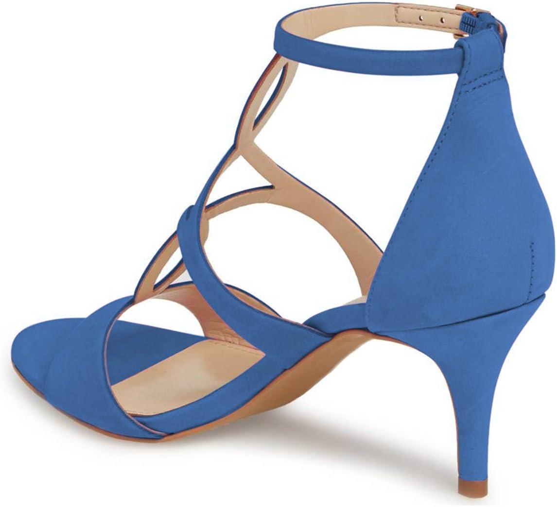 imageFSJ Women Strappy Ankle Strap Sandals Open Toe High Heel Caged Cutout TStrap Fashion Shoes Size 415 USBlue