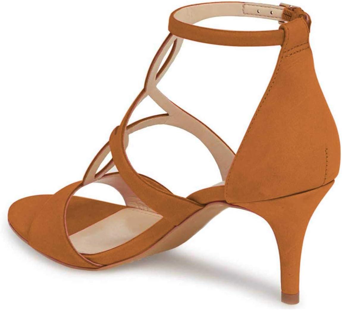 imageFSJ Women Strappy Ankle Strap Sandals Open Toe High Heel Caged Cutout TStrap Fashion Shoes Size 415 USBrown