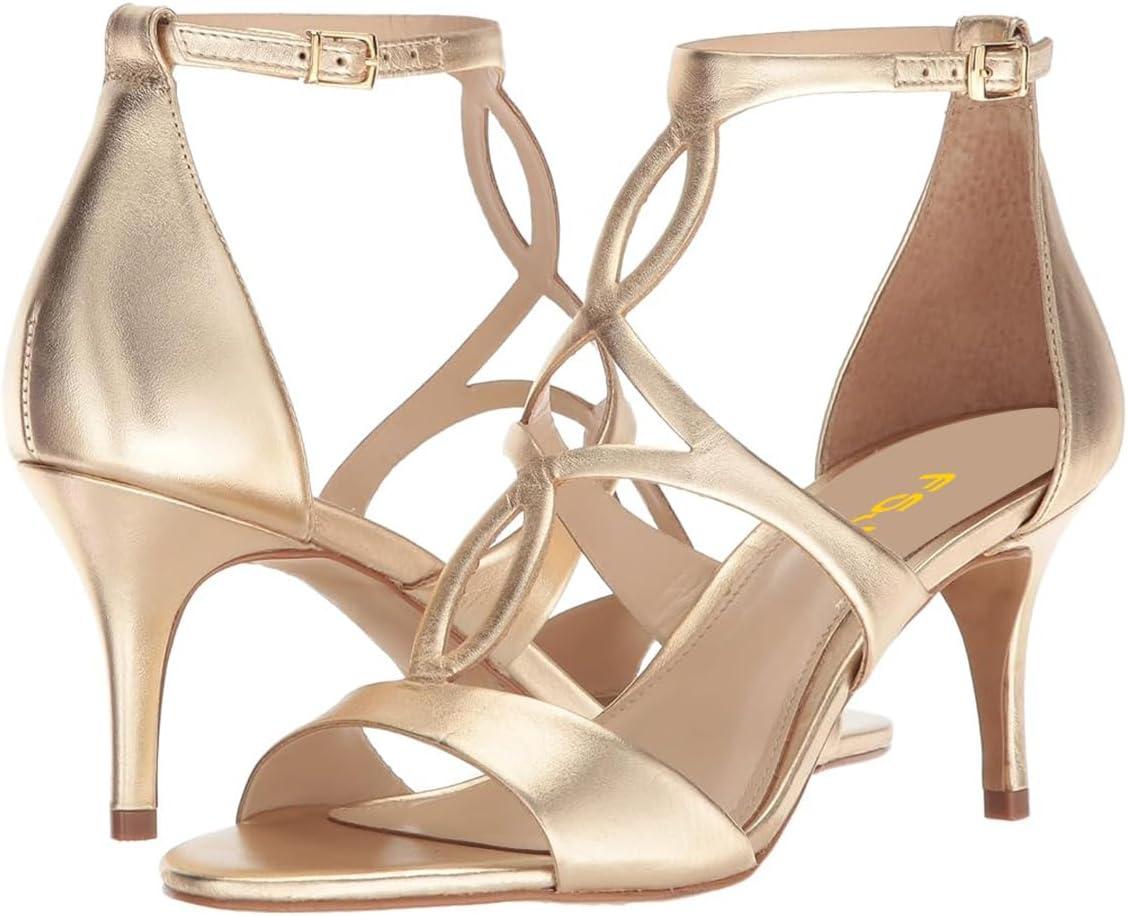 imageFSJ Women Strappy Ankle Strap Sandals Open Toe High Heel Caged Cutout TStrap Fashion Shoes Size 415 USGold