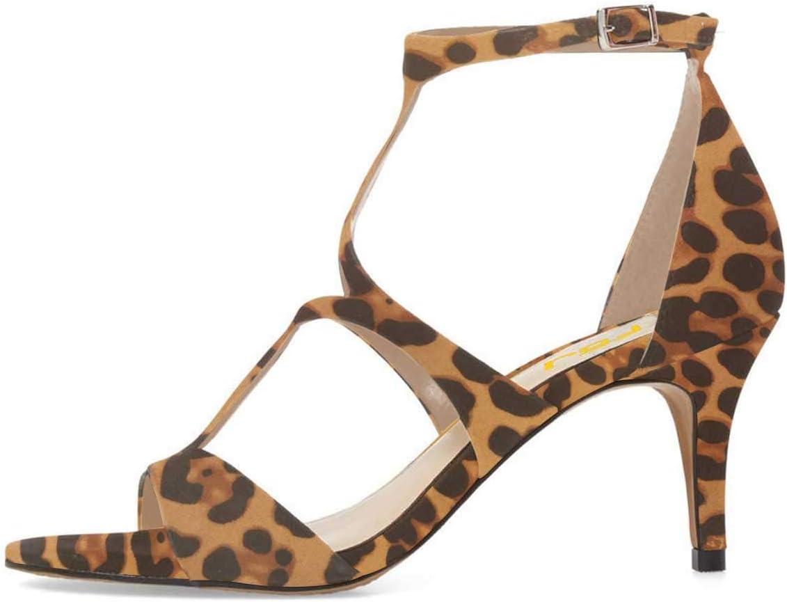 imageFSJ Women Strappy Ankle Strap Sandals Open Toe High Heel Caged Cutout TStrap Fashion Shoes Size 415 USLeopard